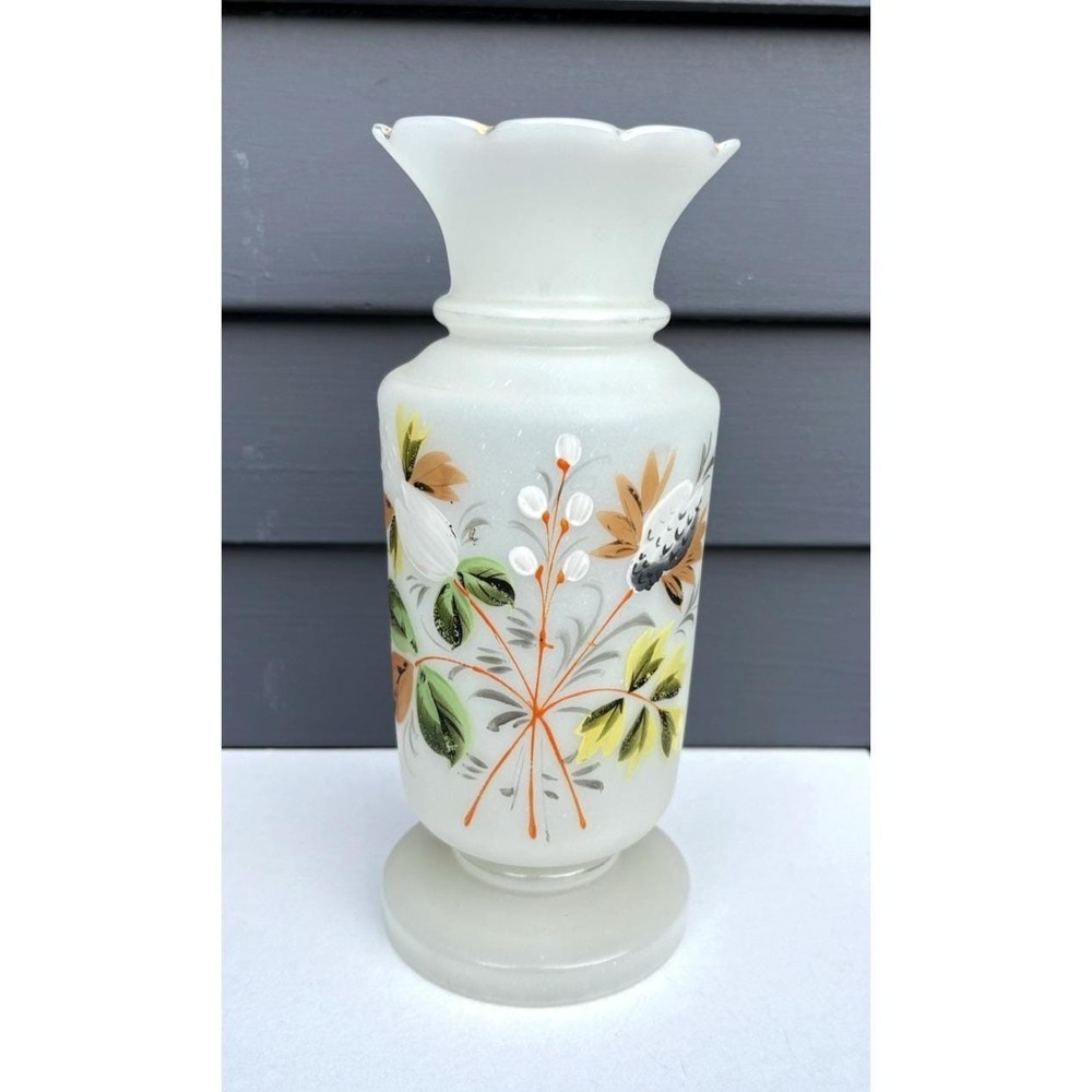 Antique Bristol opaline blown glass vase hand painted flowers EVC Victorian